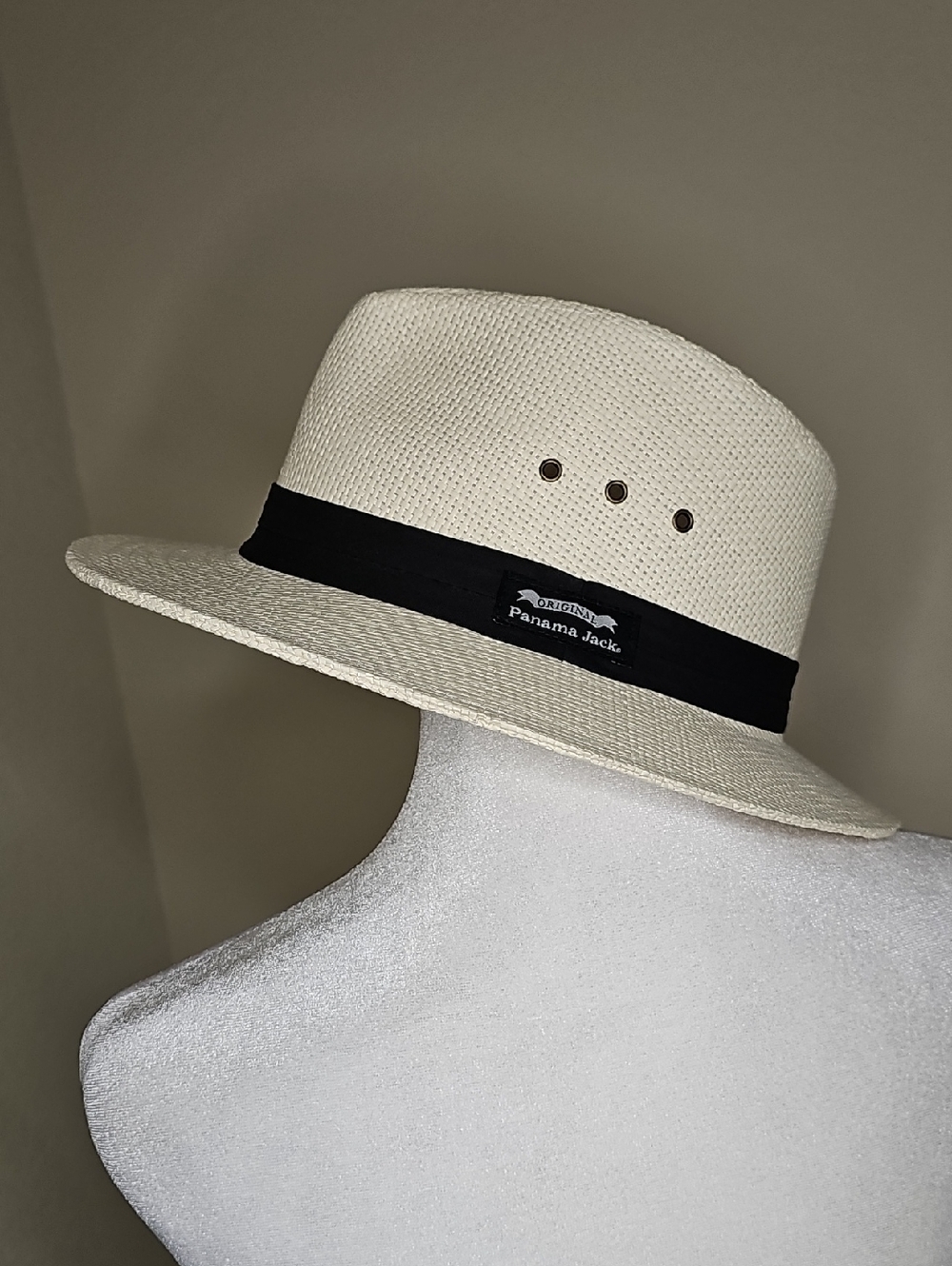 Panama Jack Cream Straw Fedora Safari Hat with 2-Pleat Black Band L